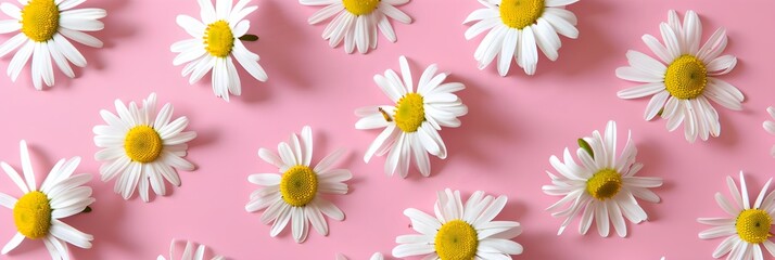 Obraz premium Top view white daisy flowers on pink background, Flat lay minimal