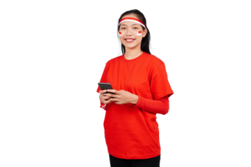 An Indonesian woman celebrating Indonesia's independence day on 17 August while holding smartphone with blank screen isolated transparent