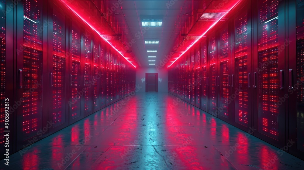 Poster futuristic data center hallway with red neon lights illuminating server racks, showcasing advanced t