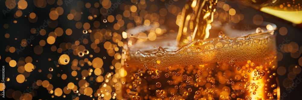 Aufkleber a close-up of cola being poured into a glass, creating a cascade of bubbles and a sparkling bokeh ef