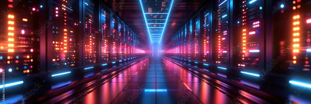 Poster futuristic data center with colorful lights and server racks, showcasing advanced technology and inn