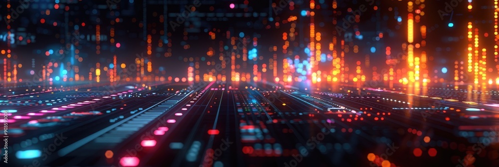 Poster futuristic digital landscape with glowing neon lights and complex data patterns, representing advanc