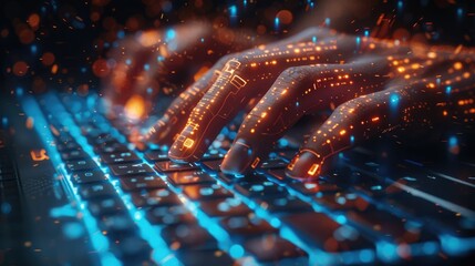 Futuristic glowing hands typing on keyboard, representing advanced technology and interactive digital environments.