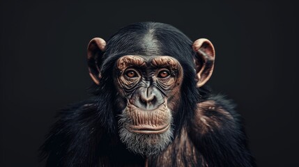 Fototapeta premium A close-up portrait of a chimpanzee with intense eyes and a thoughtful expression. It captures the animal's intelligence, curiosity, and connection to humans.