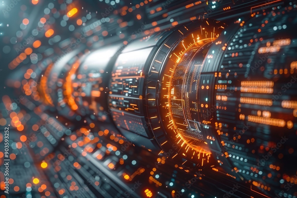 Poster futuristic technology tunnel with glowing orange and blue lights, representing digital data and adva