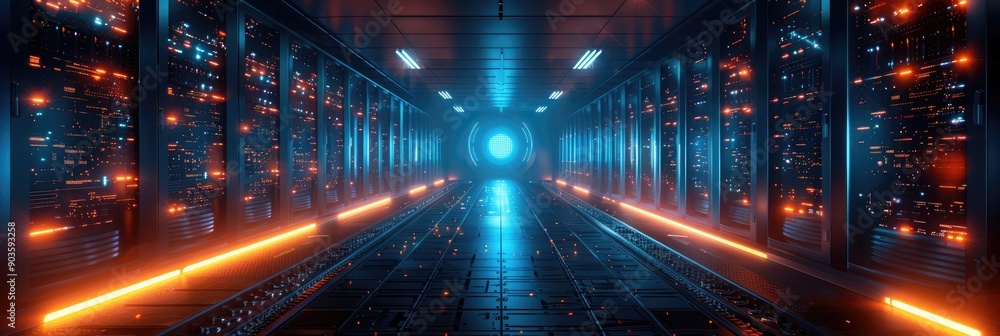 Poster futuristic server room with glowing lights and high-tech equipment, creating a sci-fi atmosphere in 