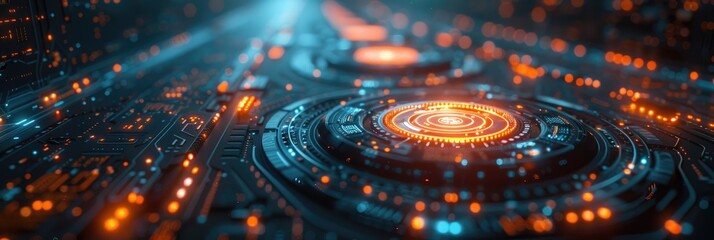 Futuristic technology concept showcasing intricate glowing circuits and data pathways in a high-tech environment.