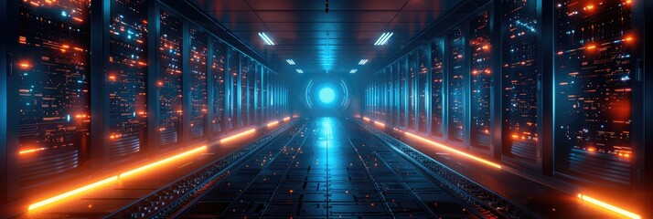 Futuristic server room with glowing lights and high-tech equipment, creating a sci-fi atmosphere in an advanced data center.