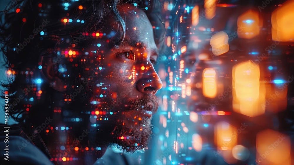 Poster man gazing at mesmerizing digital particles, surrounded by glowing lights, representing futuristic t