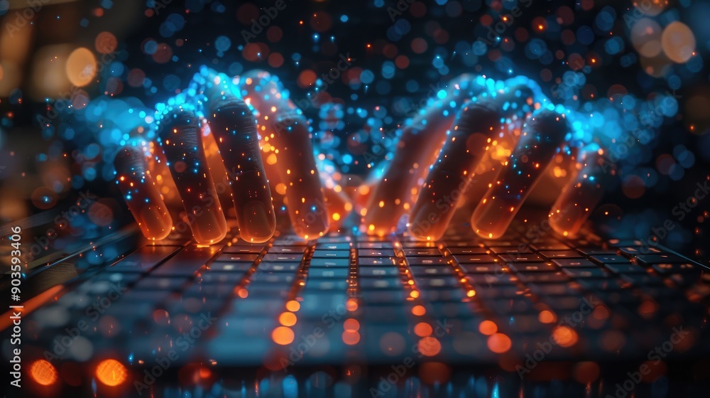 Poster hands typing on a keyboard with glowing holographic digital elements. futuristic technology and virt