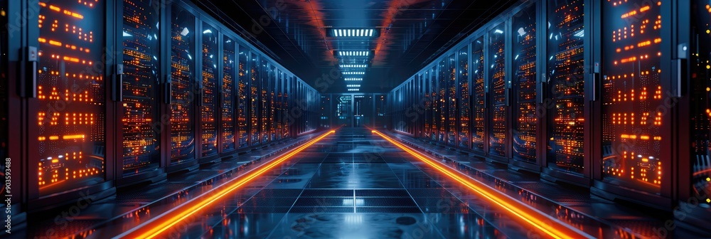 Aufkleber modern data center with futuristic server racks and glowing lights, illustrating advanced technology