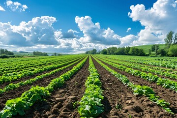 Obraz premium A picturesque rural scene with verdant rows of potatoes and vegetables in a spring or summer field against a lovely cloudy sky.