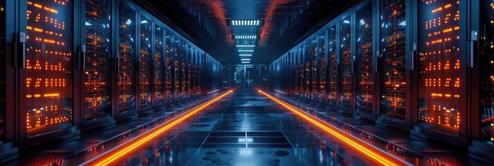 Modern data center with futuristic server racks and glowing lights, illustrating advanced technology and digital infrastructure.