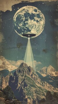 Mysterious Retro-Style Illustration of UFO Hovering Over Mountains Under Full Moon. Enigmatic Night Scene with Alien Spacecraft Emitting Light Beams. Vintage Sci-Fi Concept for Posters, Book Covers, a