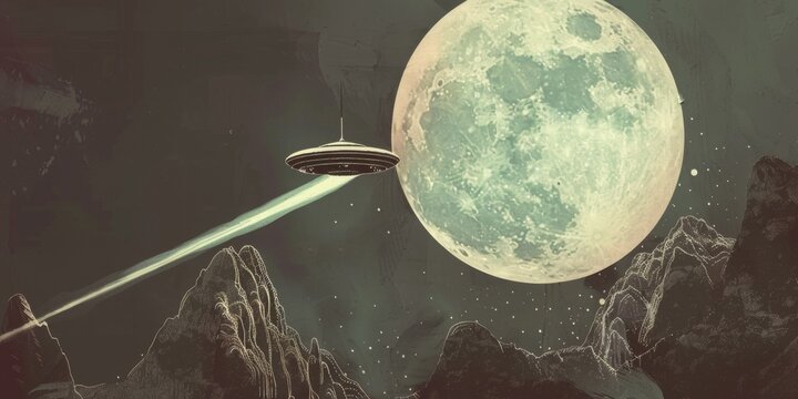 Mysterious Retro-Style Illustration of UFO Hovering Over Mountains Under Full Moon. Enigmatic Night Scene with Alien Spacecraft Emitting Light Beams. Vintage Sci-Fi Concept for Posters, Book Covers, a