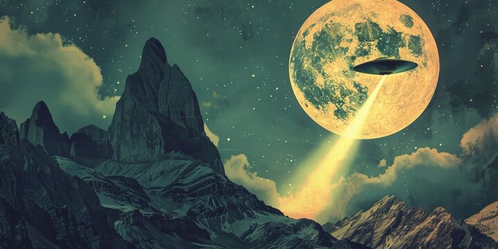 Mysterious Retro-Style Illustration of UFO Hovering Over Mountains Under Full Moon. Enigmatic Night Scene with Alien Spacecraft Emitting Light Beams. Vintage Sci-Fi Concept for Posters, Book Covers, a