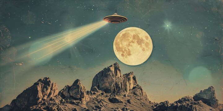 Mysterious Retro-Style Illustration of UFO Hovering Over Mountains Under Full Moon. Enigmatic Night Scene with Alien Spacecraft Emitting Light Beams. Vintage Sci-Fi Concept for Posters, Book Covers, a