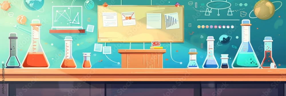 Poster a colorful illustration of a science classroom with beakers filled with liquids on a table in front 
