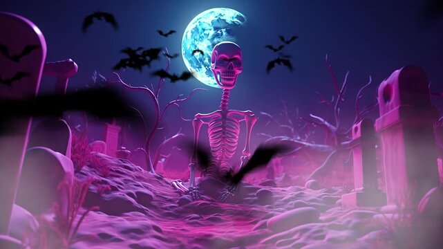 Scary Skeleton and Pumpkins in graveyard at full moon night. Halloween day.