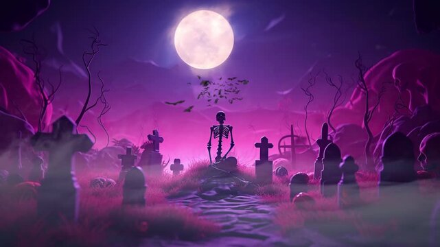 Scary Skeleton and Pumpkins in graveyard at full moon night. Halloween day.