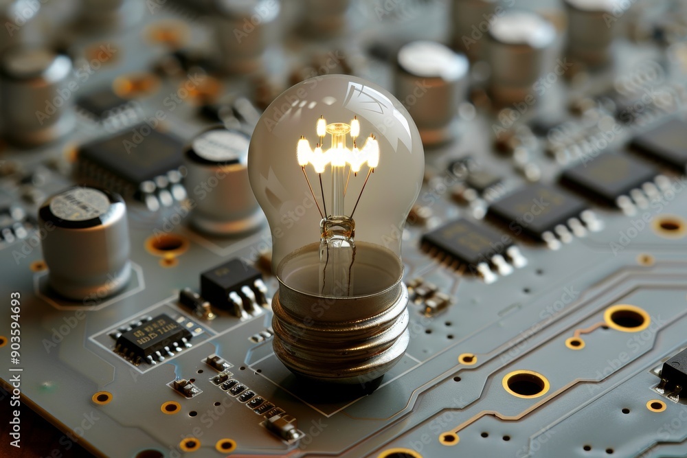 Poster detailed light bulb on an electronic circuit board representing the connection between technology an
