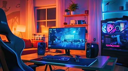 A professional gamer's home office showing their pc gaming equipment.