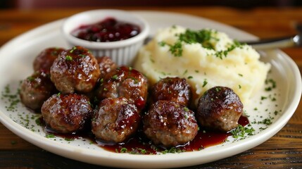 Swedish Meatballs, K&ouml;ttbullar: A plate of traditional Swedish meatballs served with creamy gravy, cranberry sauce, and mashed potatoes.