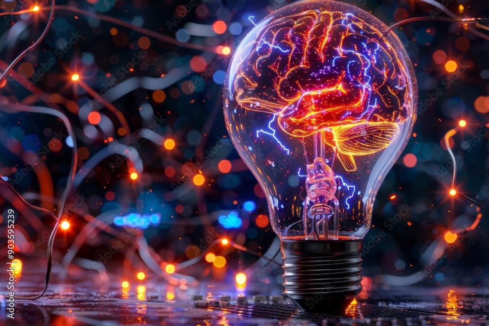 Poster futuristic light bulb with a brain inside set against a dark electronic circuit board representing t