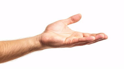 A Caucasian male hand displaying an unseen rectangular item to the camera, ideal for conveying ideas of connection and correspondence. Close-up shot on white background.