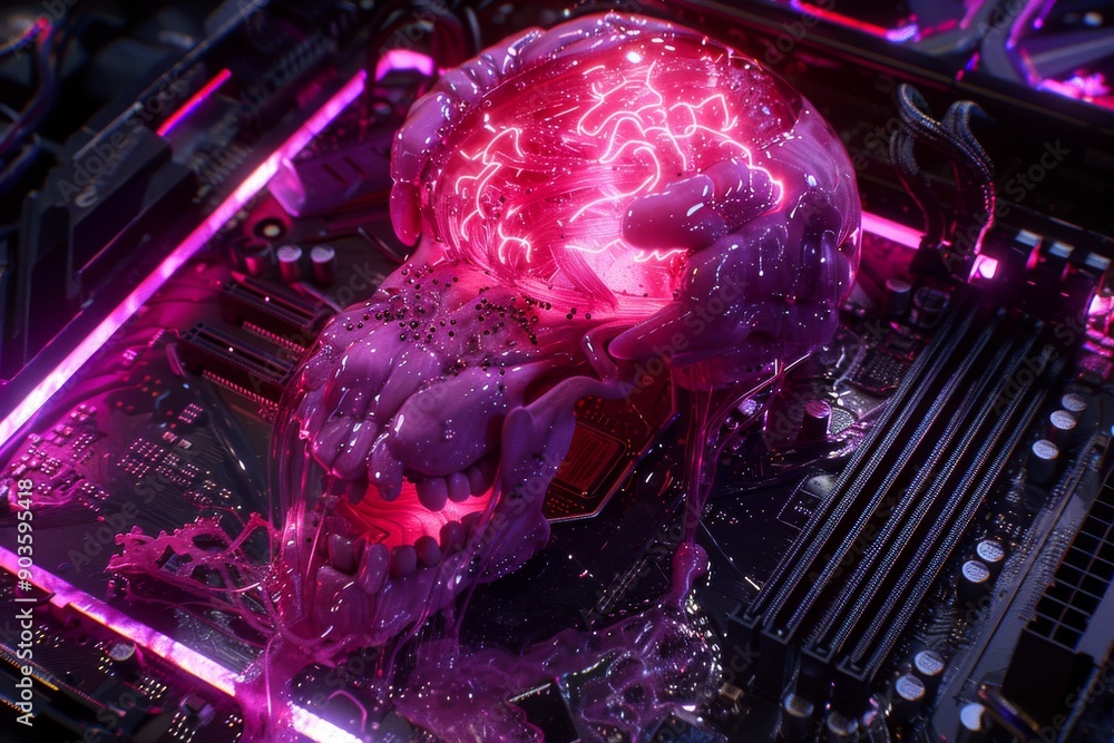 Poster neon lit scene with a glowing brain on a circuit board symbolizing the fusion of technology and huma
