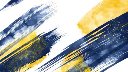 set of paintbrush watercolor brush strokes, navy blue, yellow, illustration and gold elements, isolated on white background