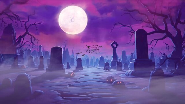 spooky graveyard in halloween night with pumpkin and bats