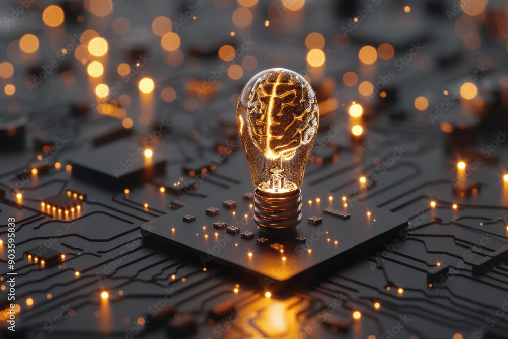 Poster warm glowing light bulb with a brain set on an electronic circuit board representing the synergy bet