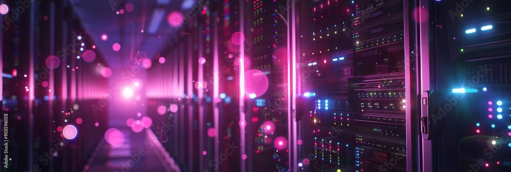 Poster a futuristic server room with rows of servers illuminated by pink lights, creating a mesmerizing bok