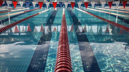 swimming pool with crystal clear water, lane dividers, and starting blocks at the edge, with reflections creating a mesmerizing pattern