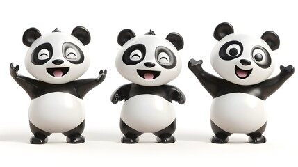 Obraz premium Set of 3D cute happy cartoon panda bear, isolated on white background