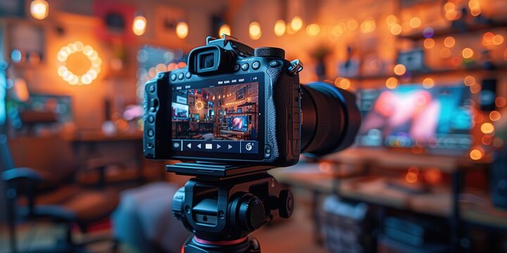 A professional camera setup in a cozy studio, capturing a well-lit scene with bokeh lights in the background.