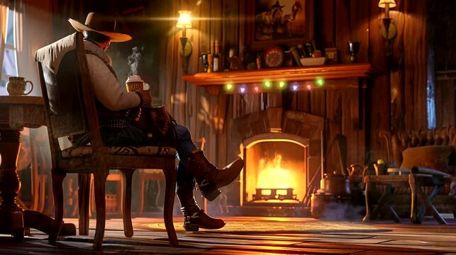 A cowboy enjoying coffee in a cozy room with fireplace. Seamless loop video background