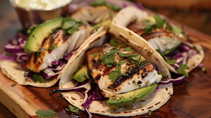 Gourmet taco platter with soft corn tortillas, grilled mahi-mahi, avocado slices, red cabbage slaw, lime crema, and cilantro garnish, perfect for taco lovers and Mexican cuisine enthusiasts