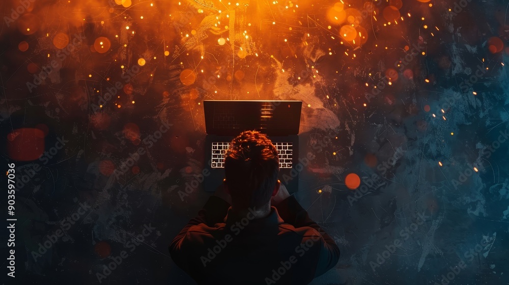 Poster a hacker sits in front of a laptop, the screen glowing with code, surrounded by sparks and smoke, sy