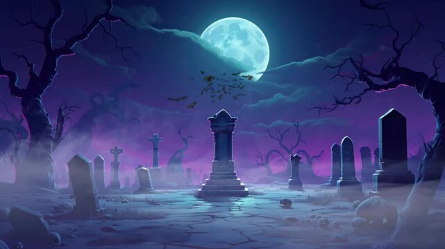 spooky graveyard in halloween night with pumpkin and bats