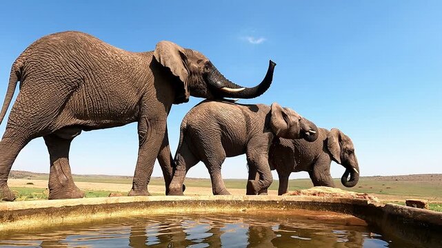 Larger African elephant asserts dominance over younger elephants at a water hole in a dramatic wildlife encounter