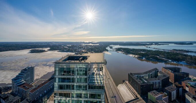 Moving timelapse overlooking the Helsinki archipelago from the kalasatama tower, spring in Finland
