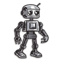 Retro Metallic Finish Robot Sticker Design on White background 