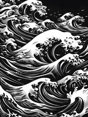 Fototapeta premium Renaissance-style Black and White Woodcut of Waves. Concept Art, Waves, Black and White, Renaissance, Woodcut