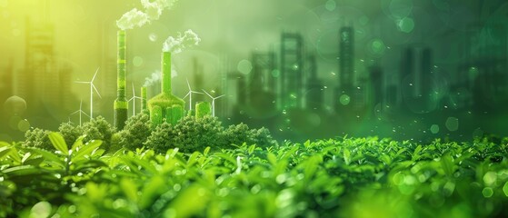 Green Industry, Fresh eco green plant leaves with blur Industrial metro background for modern factory ecology backdrop.