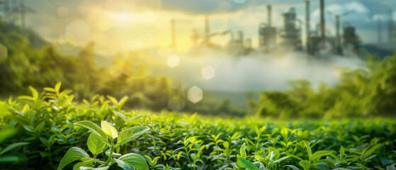Fototapeta premium Green Industry, Fresh eco green plant leaves with blur Industrial metro background for modern factory ecology backdrop.