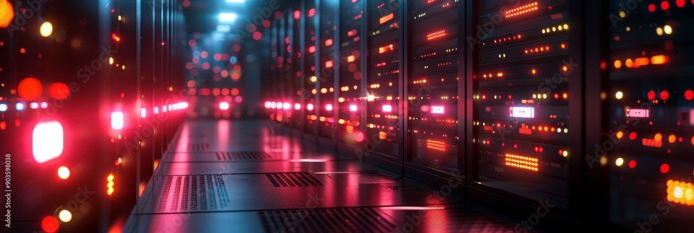 Poster a long hallway with rows of server racks lit by red lights and a shiny floor reflecting the lights. 