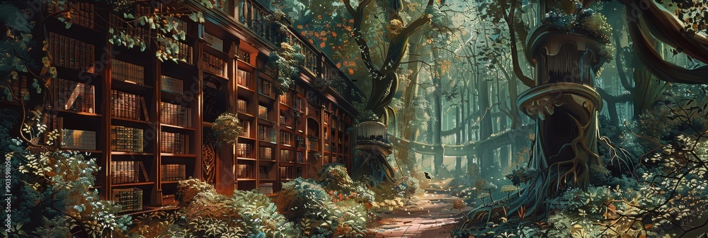 Poster a magical forest path leads to a library nestled within the trees, with bookshelves overflowing with