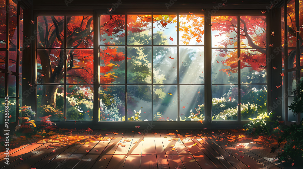 Poster room with large windows overlooking the forest autumn trees outside sunlight shining through leaves 